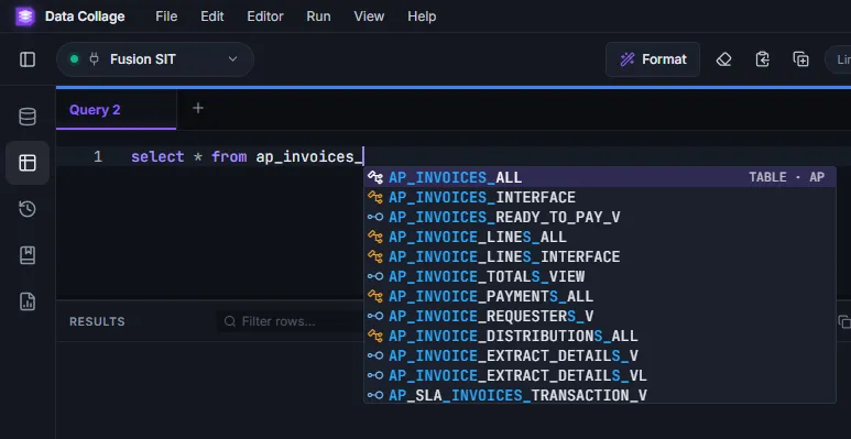 Data Collage suggests Oracle AP invoice tables as a query is typed.