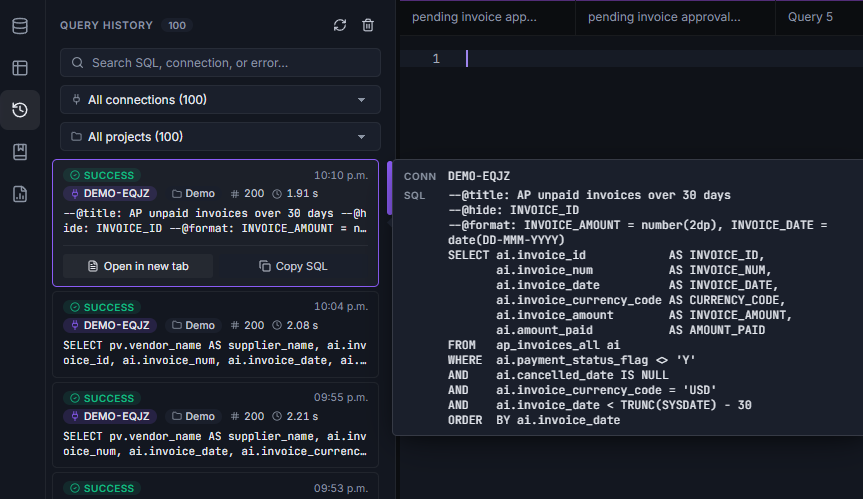 Data Collage Query History showing successful runs, connection and project filters, a full SQL preview, and Open in new tab and Copy SQL actions.